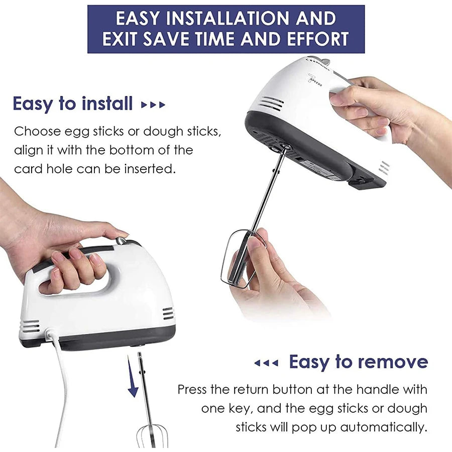 A hand is shown installing or removing egg sticks or dough sticks from a white handheld electric mixer.