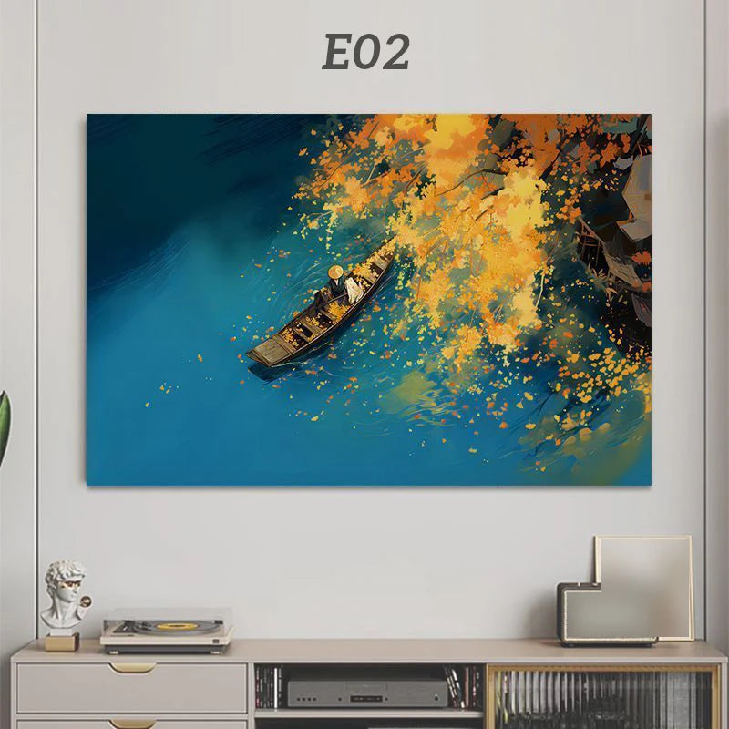 An abstract painting featuring a yellow boat on blue water with vibrant autumn foliage.
