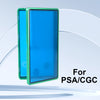 A bright blue trading card protective display case with a green frame shown in a vertical view.
