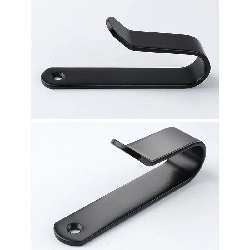 Black sturdy snowboard wall mount clips with screws shown in two views
