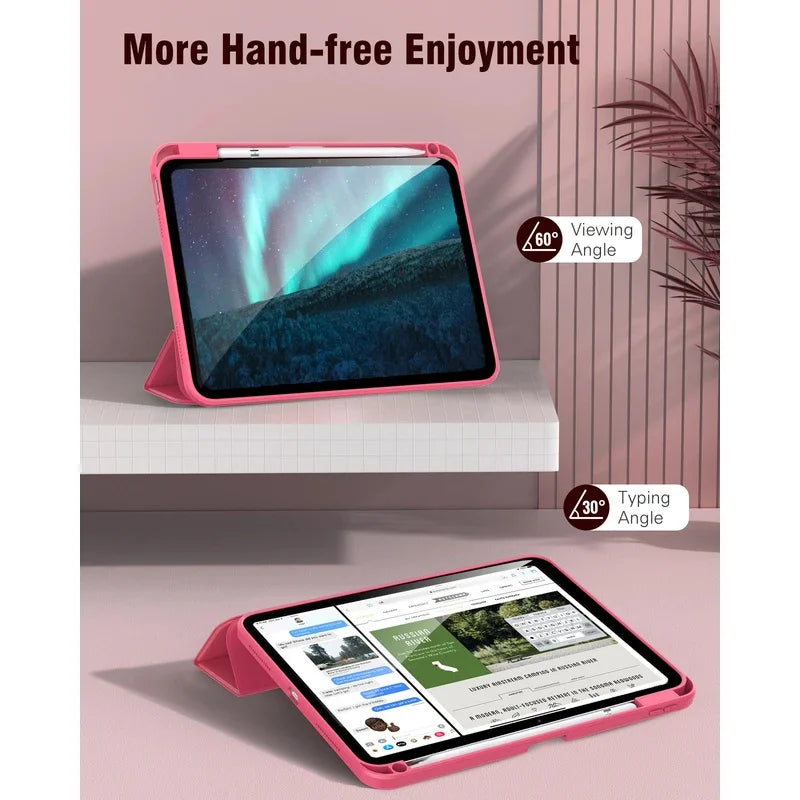 A pink slim tri-fold stand case for an iPad is shown with a screen displaying the Northern Lights and another view showing a 