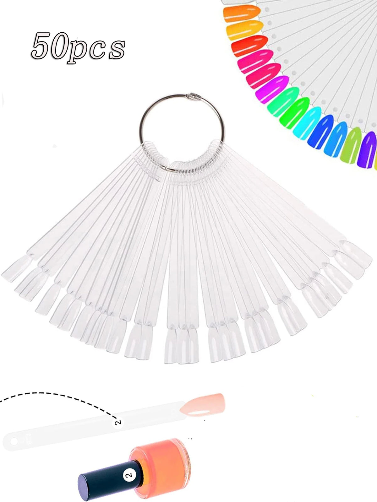 A clear acrylic false nail tips kit with 50 pieces, featuring a circular design and a small orange tool.