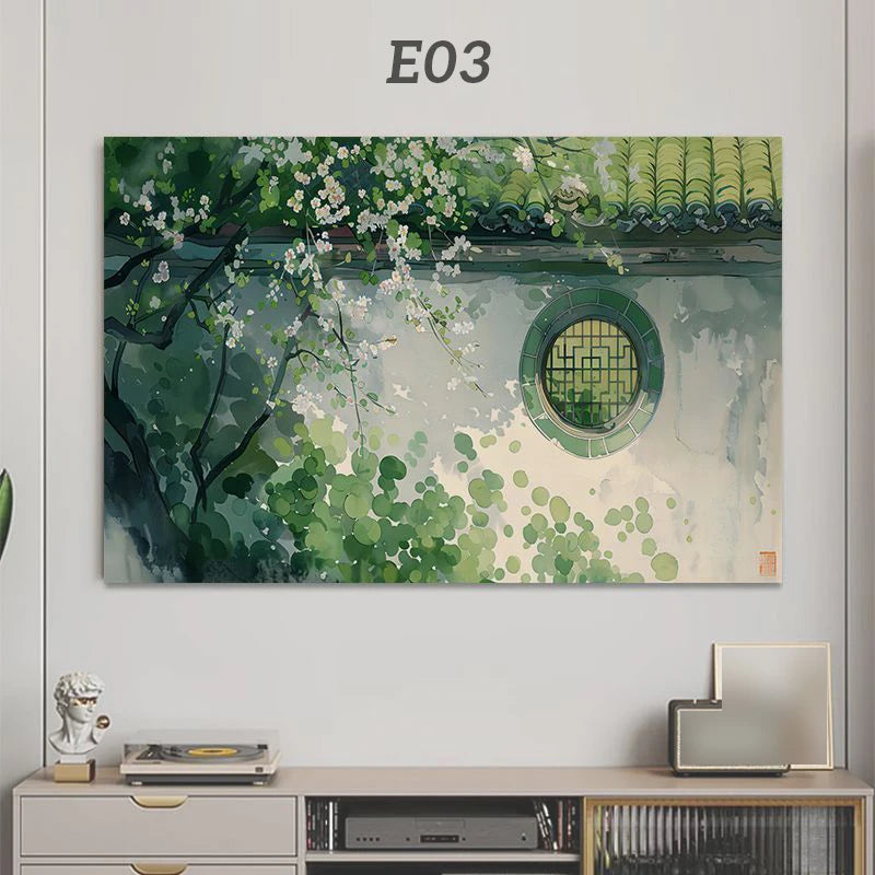 A painting featuring lush green foliage and white blossoms reflected in water, displayed on a wall.
