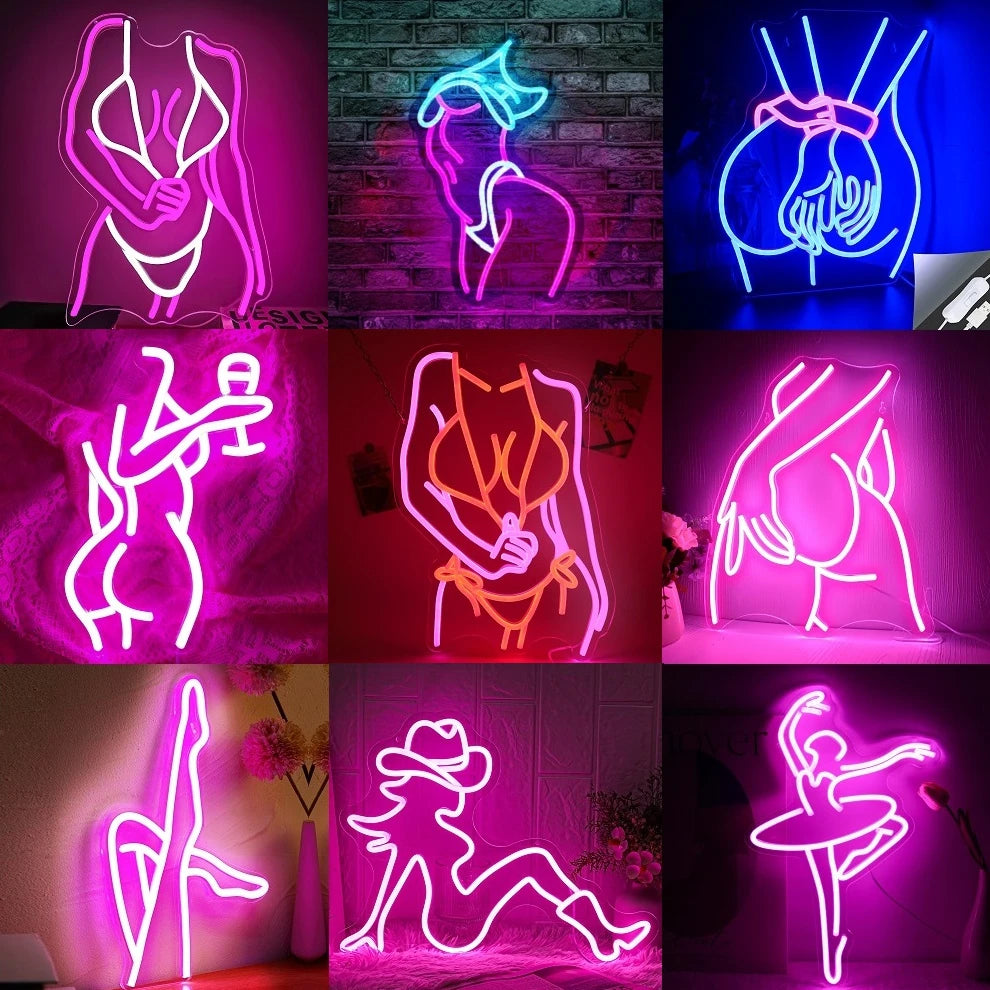 A collection of pink neon silhouette wall signs featuring various figures and shapes.