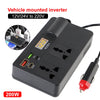 A black vehicle mounted inverter with multiple output ports and a power cord is shown.