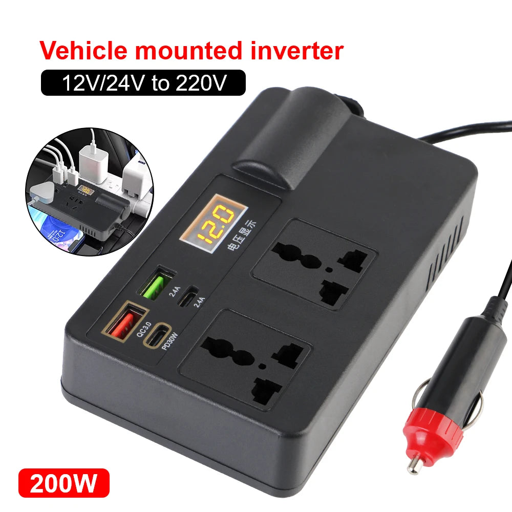 A black vehicle mounted inverter with multiple output ports and a power cord is shown.