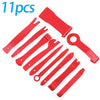 A set of 11 red car trim removal tools and a storage pouch.
