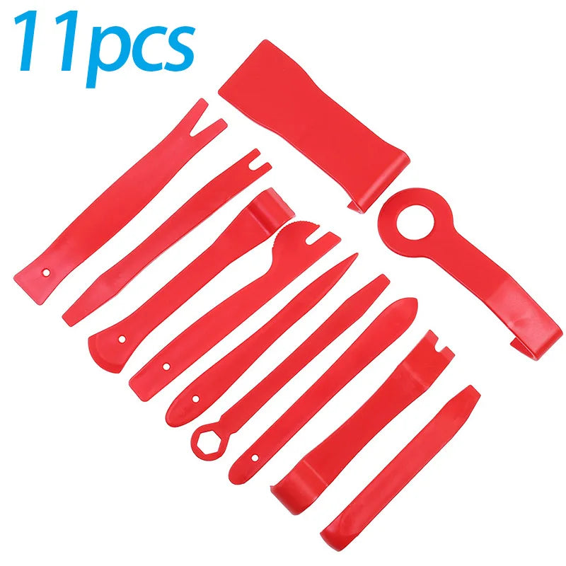 A set of 11 red car trim removal tools and a storage pouch.