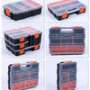 A set of clear and colored plastic tool box organizers with adjustable compartments for storage.