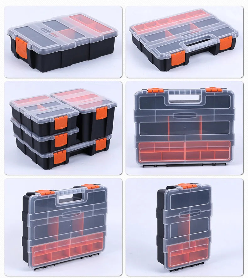 A set of clear and colored plastic tool box organizers with adjustable compartments for storage.