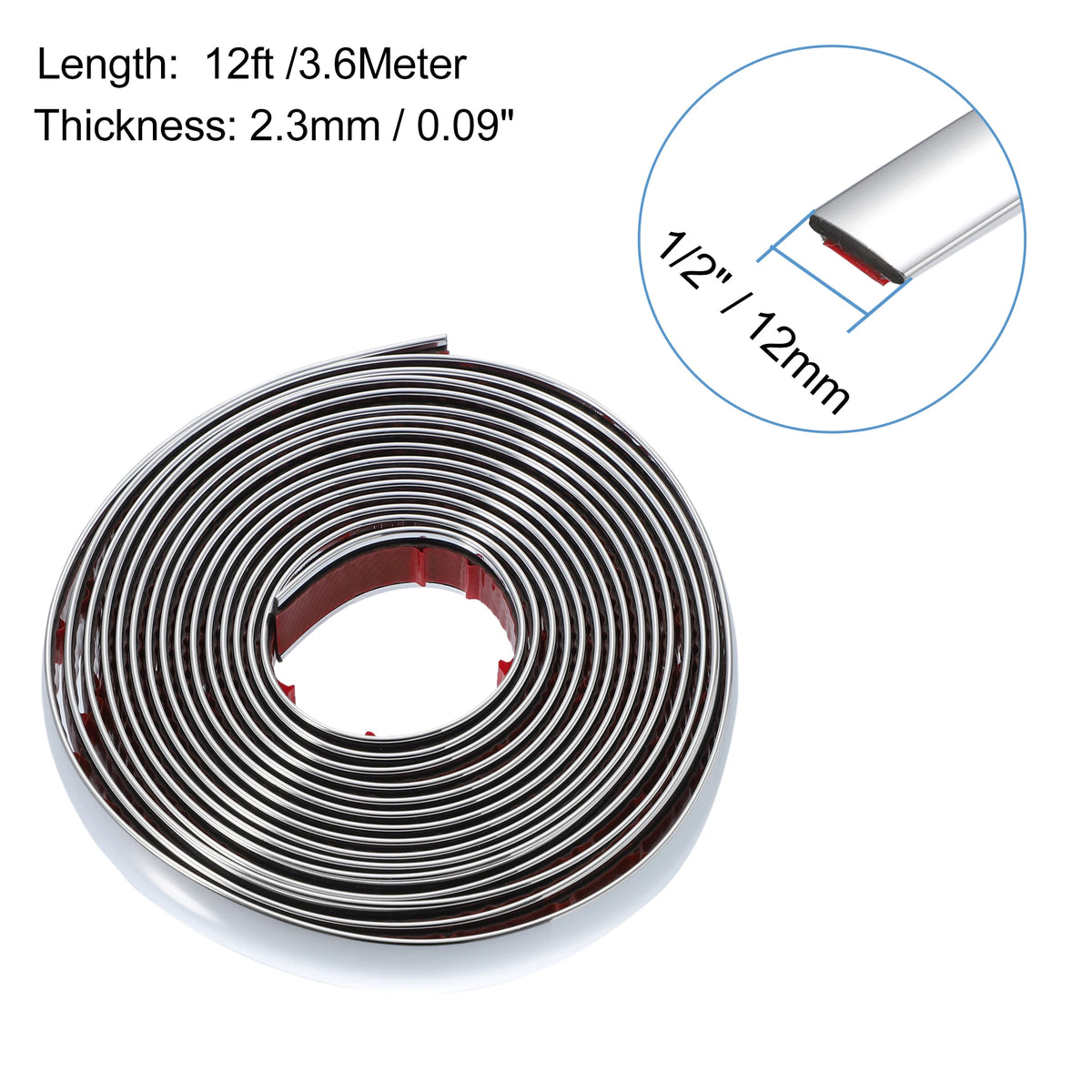 Roll of chrome car door edge guard trim strip with dimensions 12ft long and 2.3mm thick