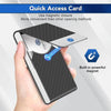 A hand holds a black card holder with a silver magnetic closure, demonstrating quick access card functionality.