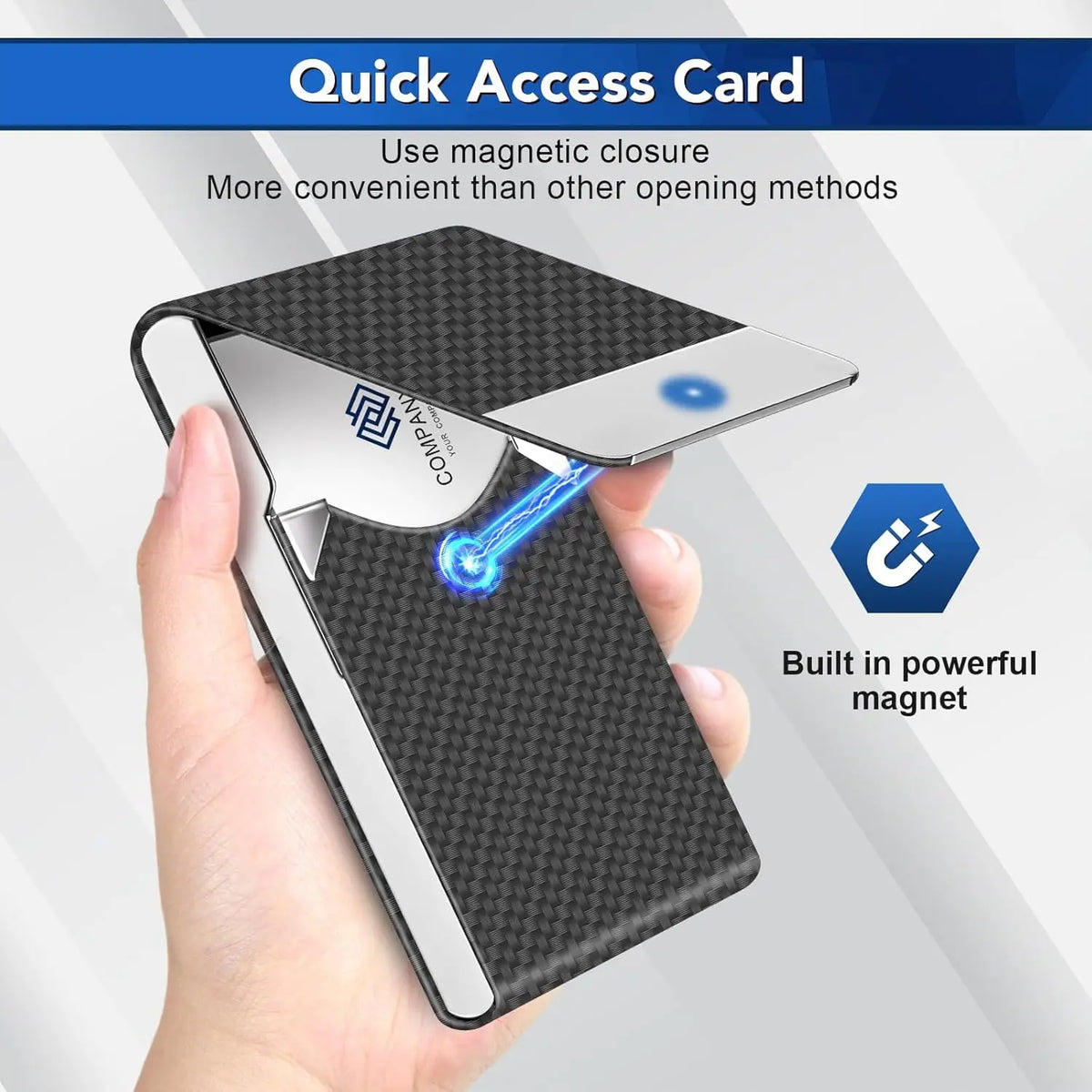A hand holds a black card holder with a silver magnetic closure, demonstrating quick access card functionality.