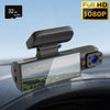 A black Full HD dash cam is mounted on a car dashboard, showing a scenic view through its lens.