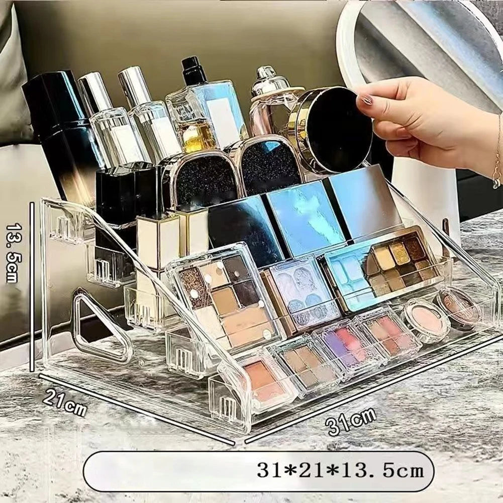 Acrylic ladder display stand holding various cosmetic bottles and jars