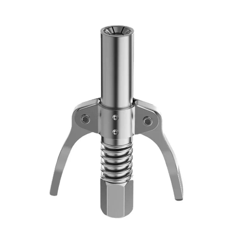 A silver heavy-duty grease gun coupler with a quick-release double handle.