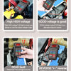 A collection of images showing a 12V car battery tester with LED display and reverse connection alarm testing various voltage