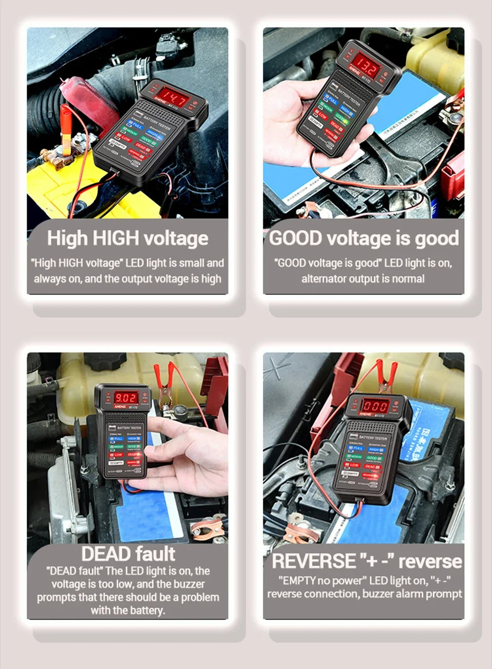 A collection of images showing a 12V car battery tester with LED display and reverse connection alarm testing various voltage