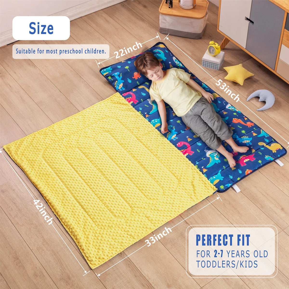 Dinosaur Toddler Nap Mat with Removable Pillow and Fleece Blanket