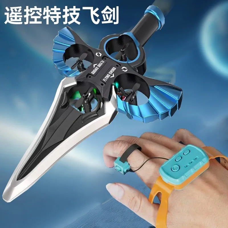 A close-up of an RC Flying Sword drone with blue and black blades being held by a hand, next to its remote control.