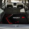 A black and red floor mat with a sport background is shown inside a car cabin.