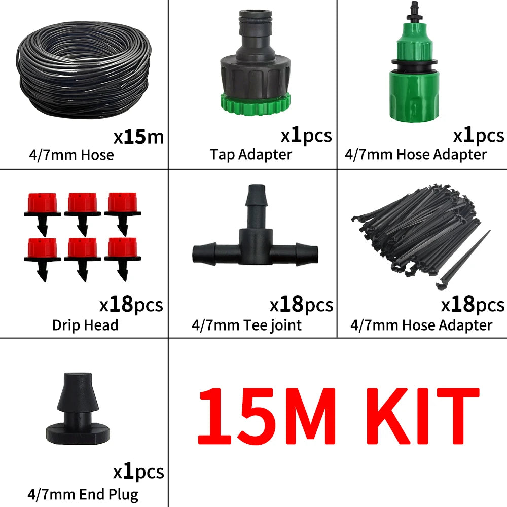 A kit containing a 15m hose, various adapters, drip heads, and end plugs for micro drip irrigation.