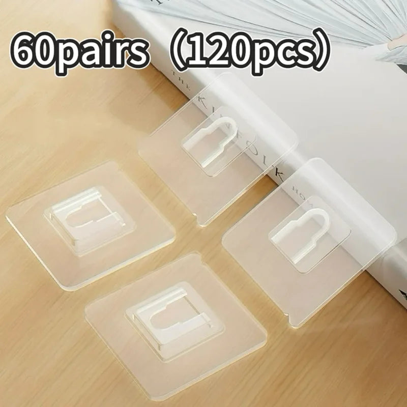 60 pairs of transparent double-sided adhesive wall hooks packaged in a white box.