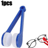 A blue microfiber cleaning tool for glasses is shown next to a pair of eyeglasses.