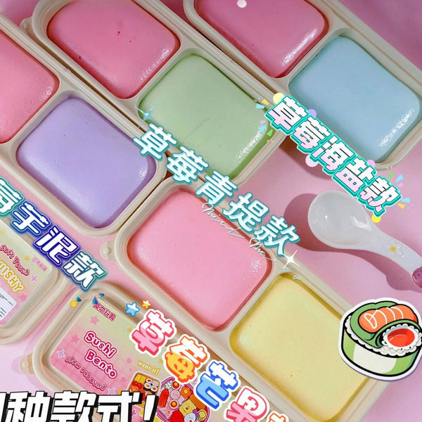 A collection of pink, purple, and green squishy fidget toys in an egg-shaped plastic container.
