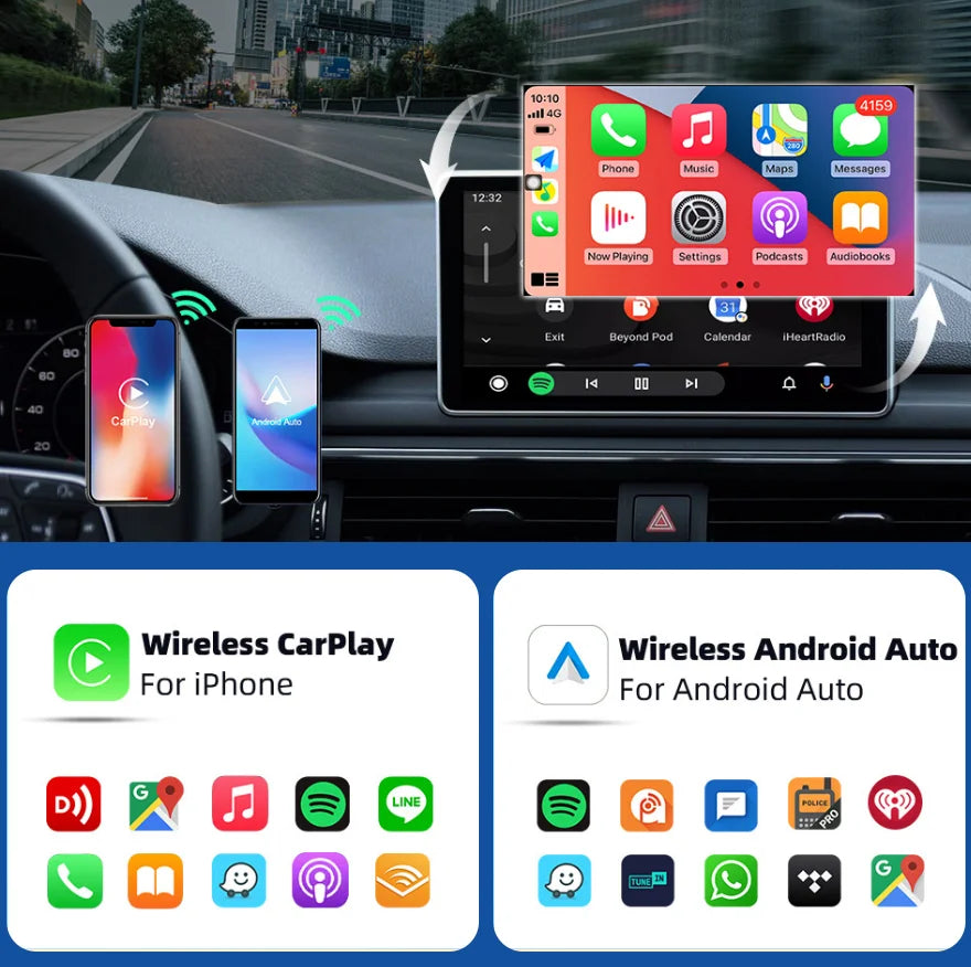 Pantalla de infoentretenimiento del coche con navegación y controles multimedia, junto a iconos de Wireless CarPlay y Android