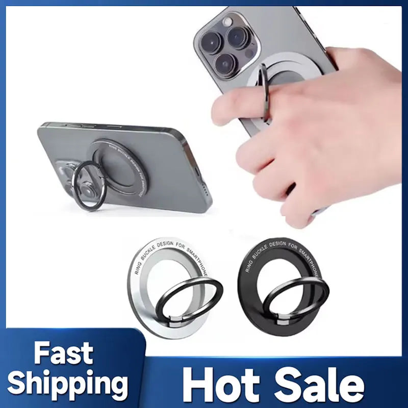A hand holds a silver magnetic phone holder ring stand designed for MagSafe compatibility.