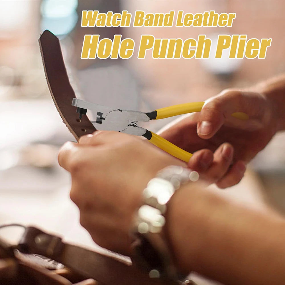 Hands are using a watch band leather hole punch pliers to create holes in a watch strap.