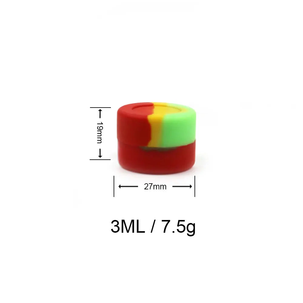 A small, round silicone travel jar with a red and green color gradient, measuring 27mm in diameter and 19mm high.