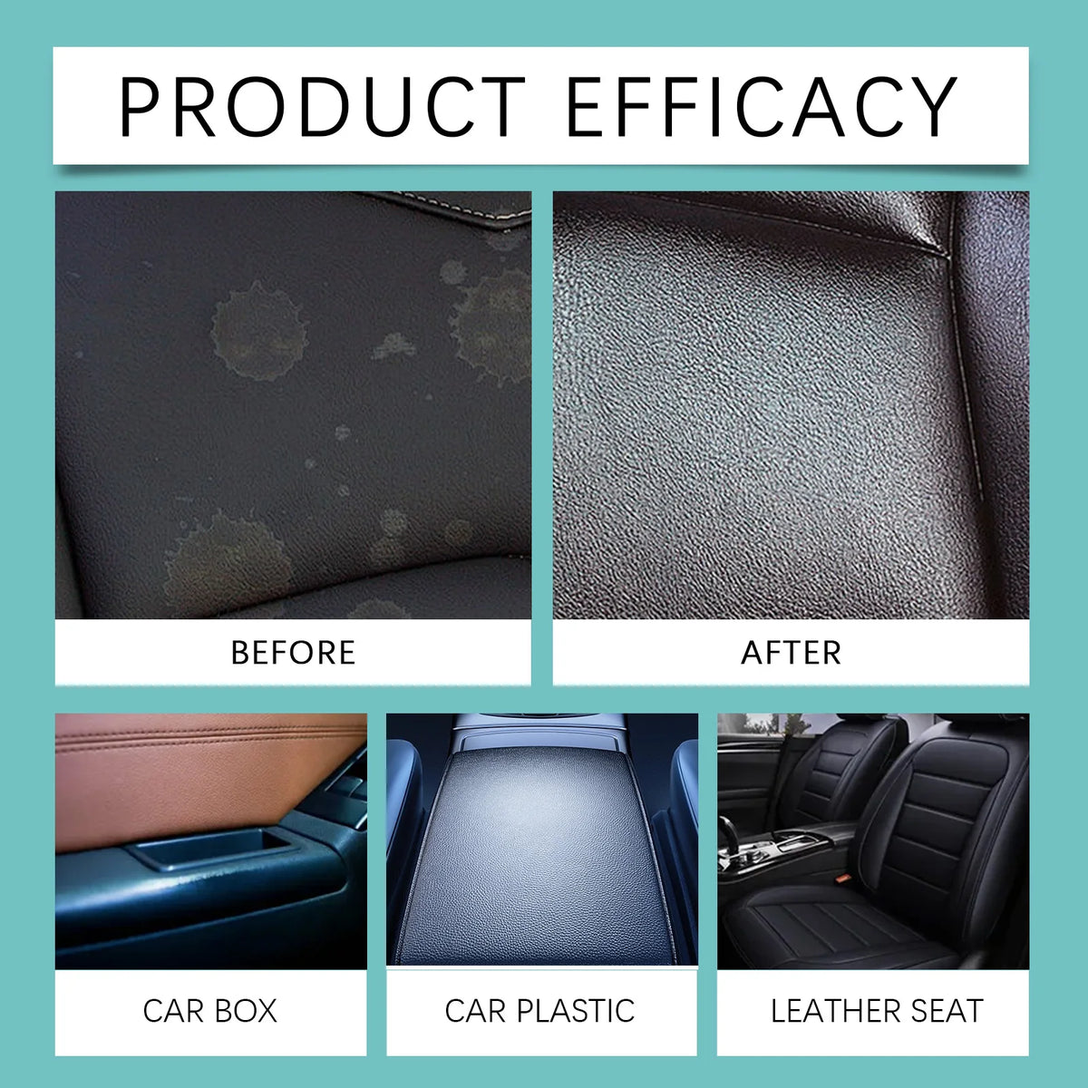 Comparaison avant/après de la restauration plastique automobile sur une boîte, du plastique et des sièges en cuir.