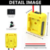 Detail image of a yellow power tool battery adapter featuring a switch, fuse, and contacts.