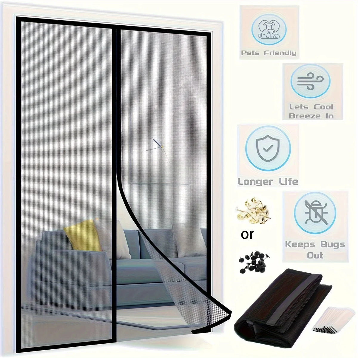 A sliding glass door with a mesh screen curtain installed for pest protection and ventilation.
