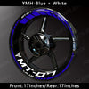 Yamaha MT-07 wheel with blue and white decals and custom rim stripe kit