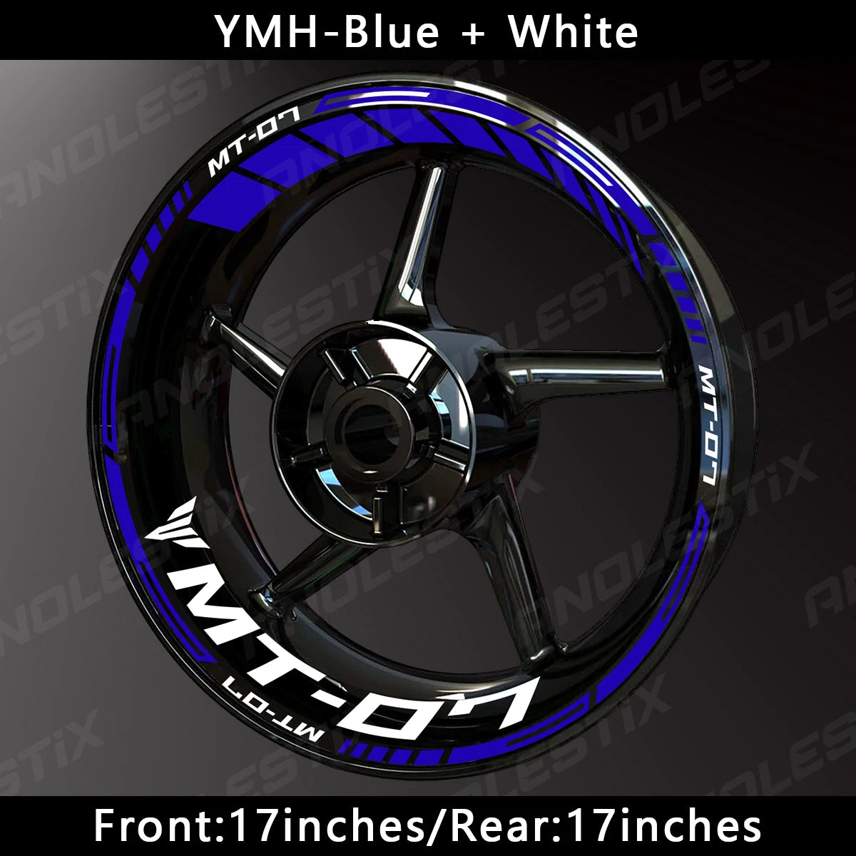 Yamaha MT-07 wheel with blue and white decals and custom rim stripe kit