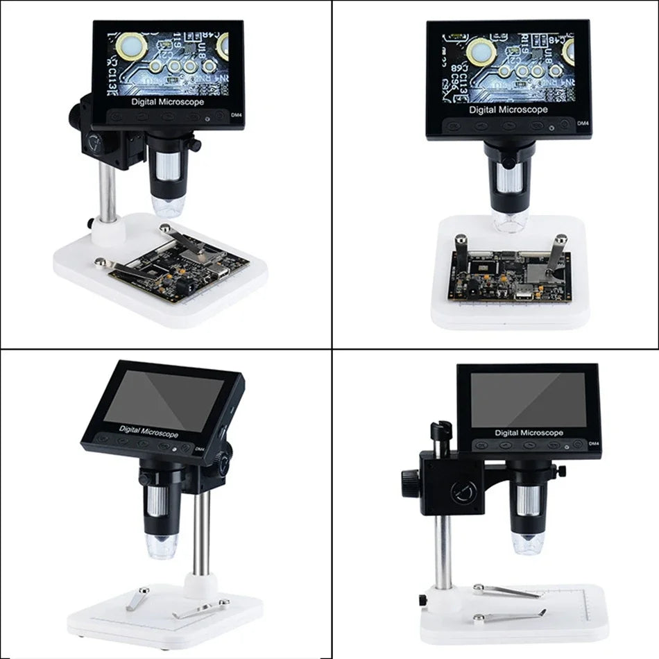 A digital microscope setup showing various components for soldering and detailed inspection.