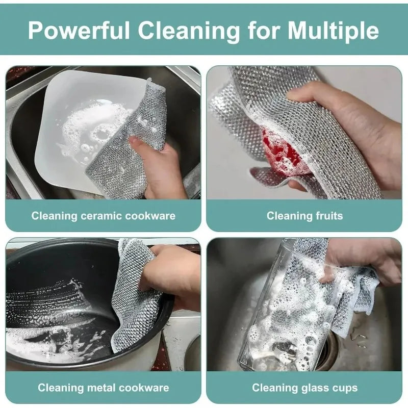 Demonstration of multipurpose cleaning cloths used for cleaning ceramic cookware, fruits, metal cookware, and glass cups.