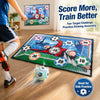 A portable soccer target game set with various sized targets and a soccer ball on a wooden floor.