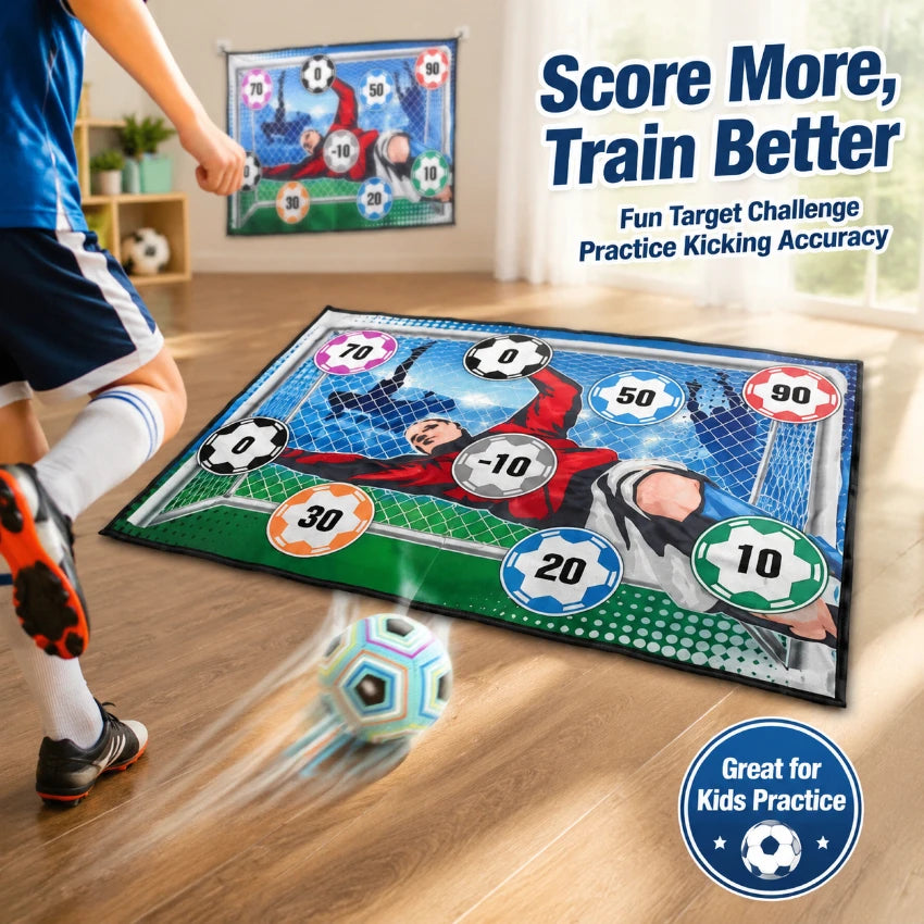 A portable soccer target game set with various sized targets and a soccer ball on a wooden floor.