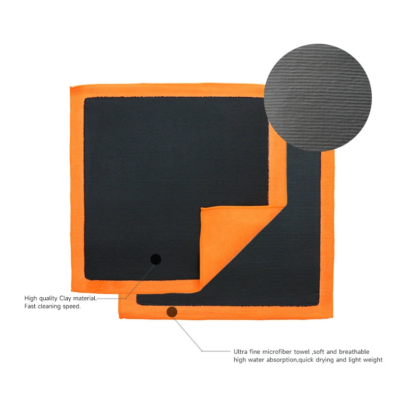 Orange and black microfiber detailing towel used for fast cleaning and water absorption.