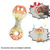 A baby rattle toy with soft teether beads in orange and yellow colors shown in various grips.