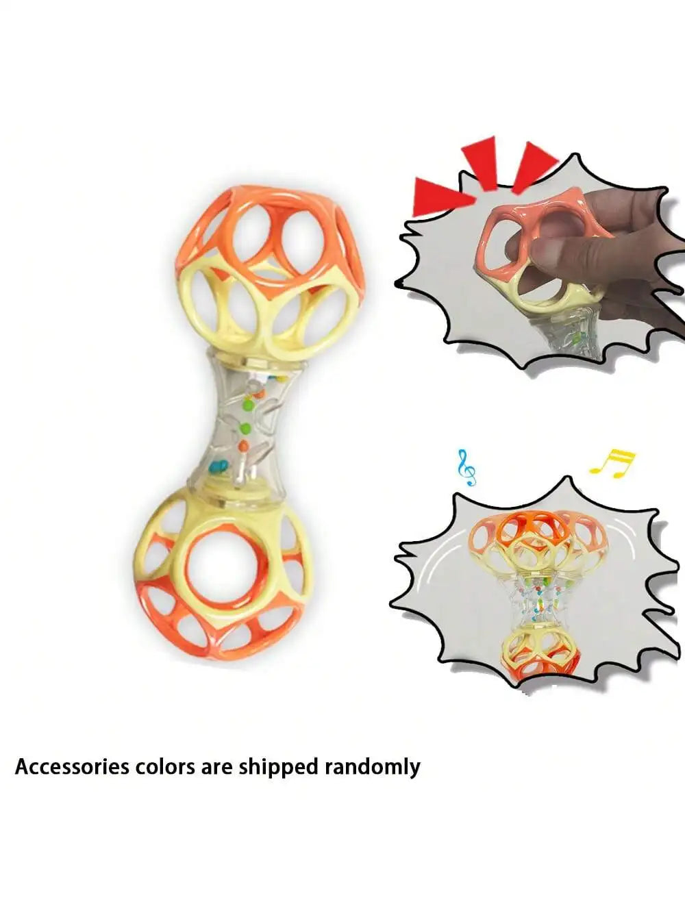 A baby rattle toy with soft teether beads in orange and yellow colors shown in various grips.