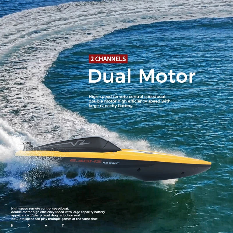 A yellow and black dual motor high-speed remote control speedboat cutting through blue water.