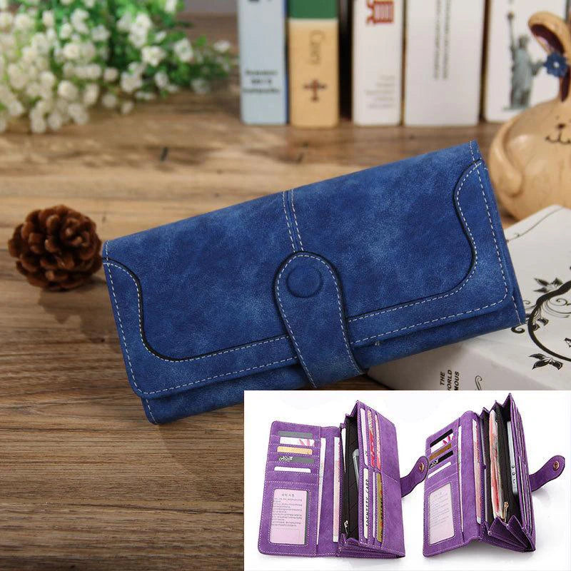 Women's RFID-Blocking Nubuck Leather Long Wallet with Multiple Card Slots