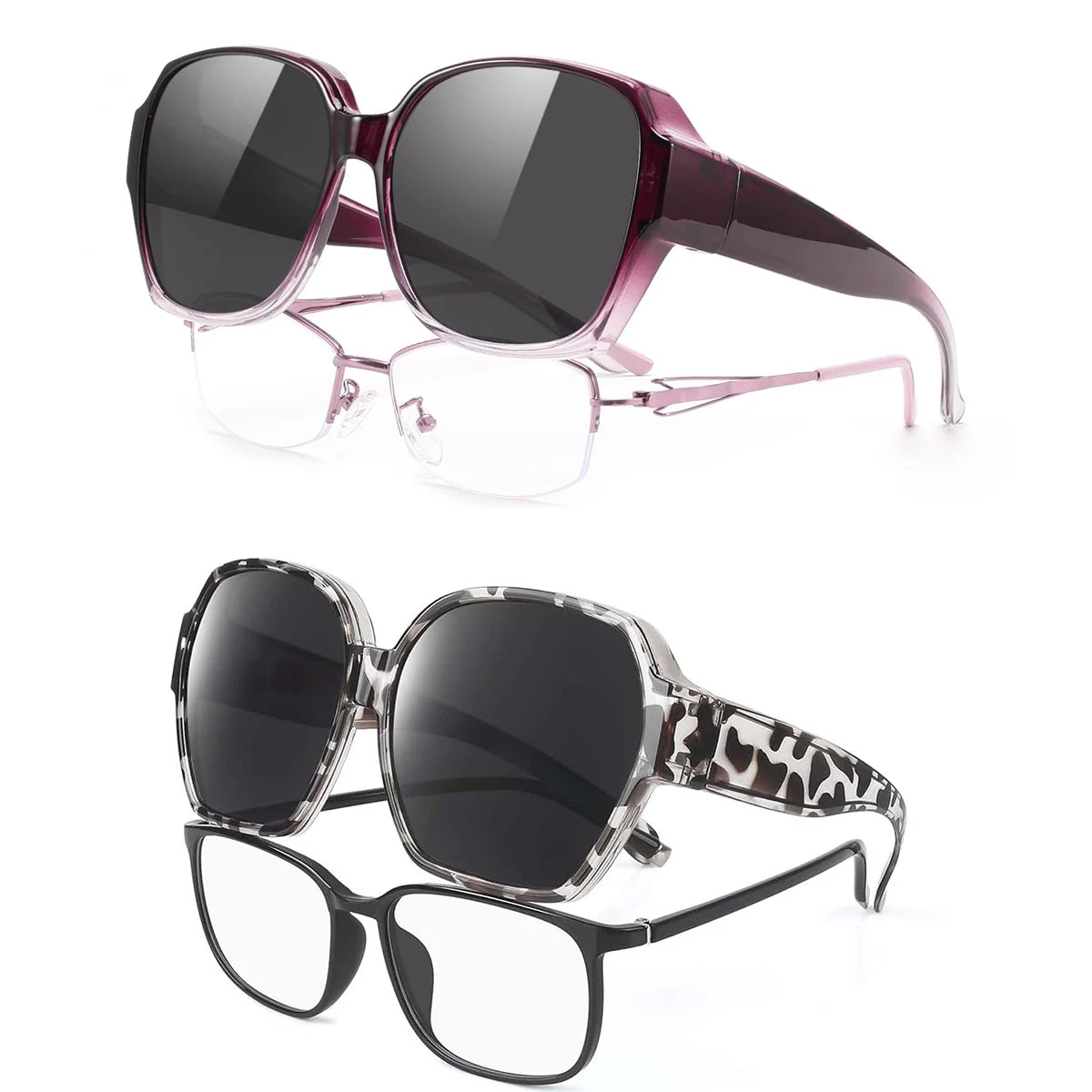 Un par de gafas de sol cuadradas con montura morada y lentes oscuros.