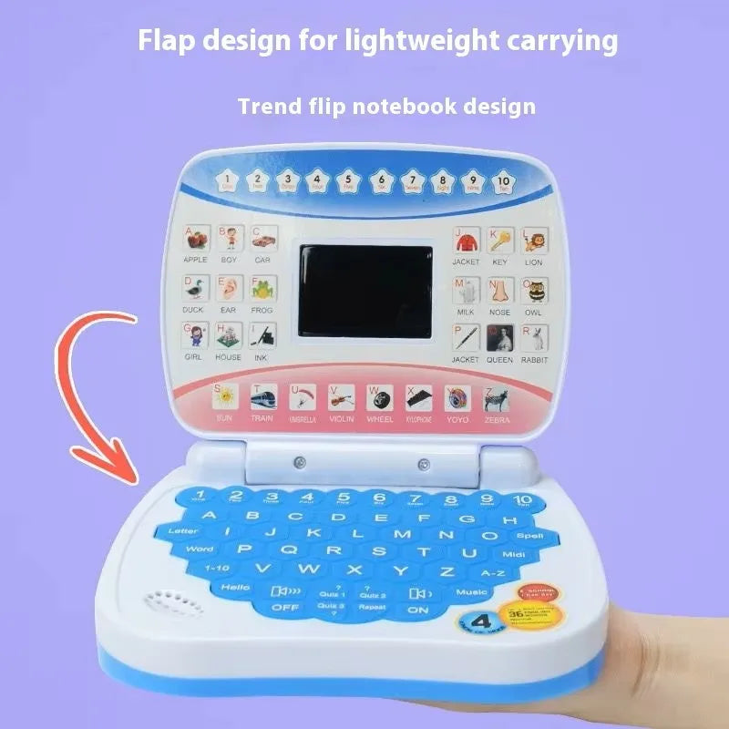 A white flip design notebook toy for lightweight carrying showing various letters and pictures on the display