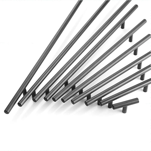 A set of parallel stainless steel T-bar cabinet pull handles arranged diagonally.